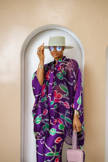 The ỌMA Set | Sheer Floral Kaftan Two-Piece Set – Purple